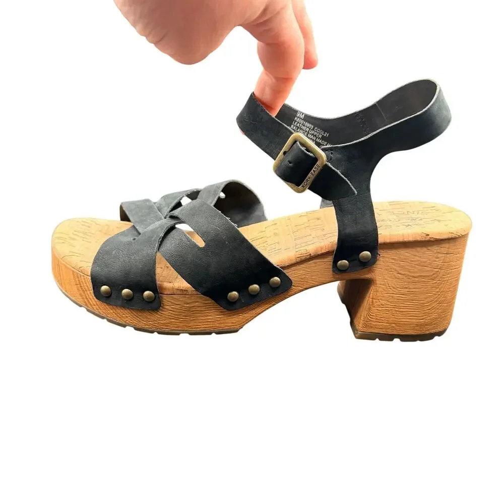 Kork-Ease Black Leather Platform Heeled Sandals Size 9M